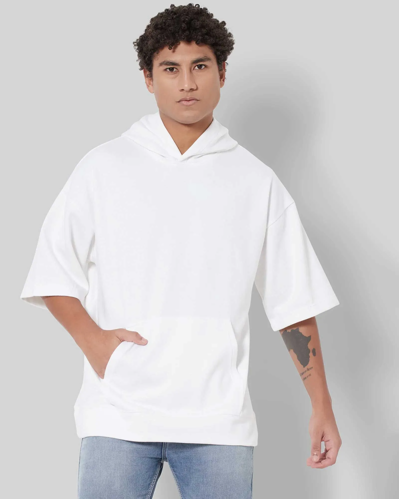 Oversized Solid White Hoodie with Cropped Sleeves