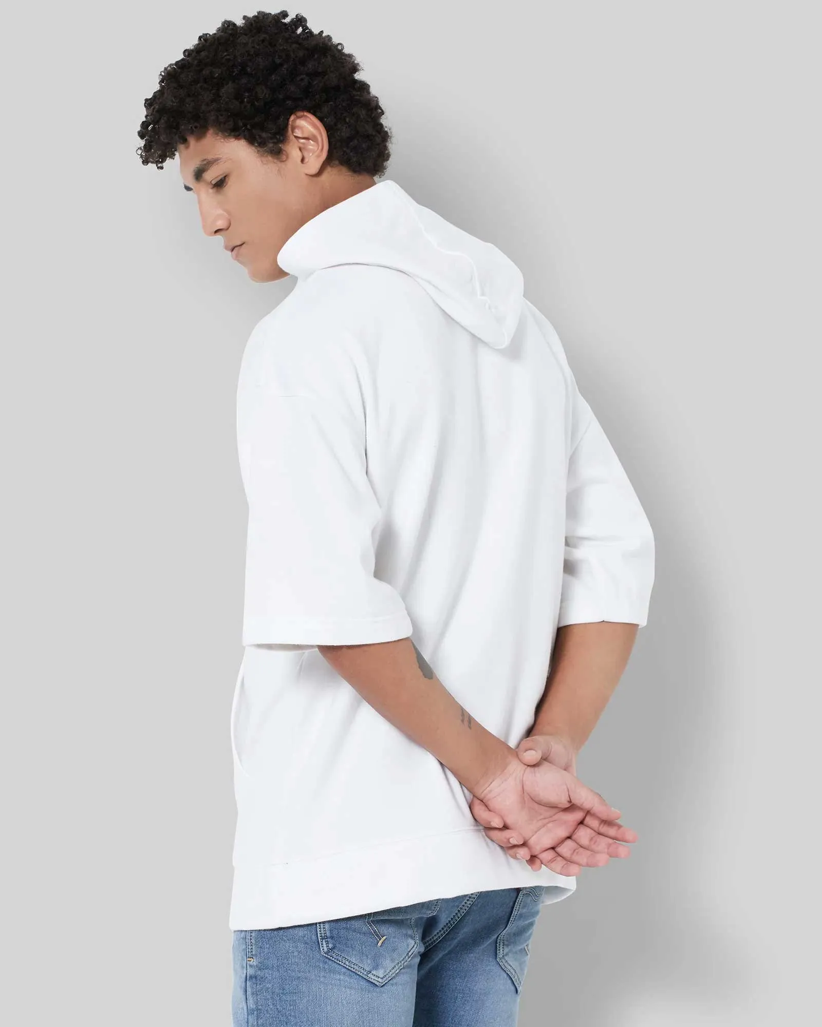 Oversized Solid White Hoodie with Cropped Sleeves