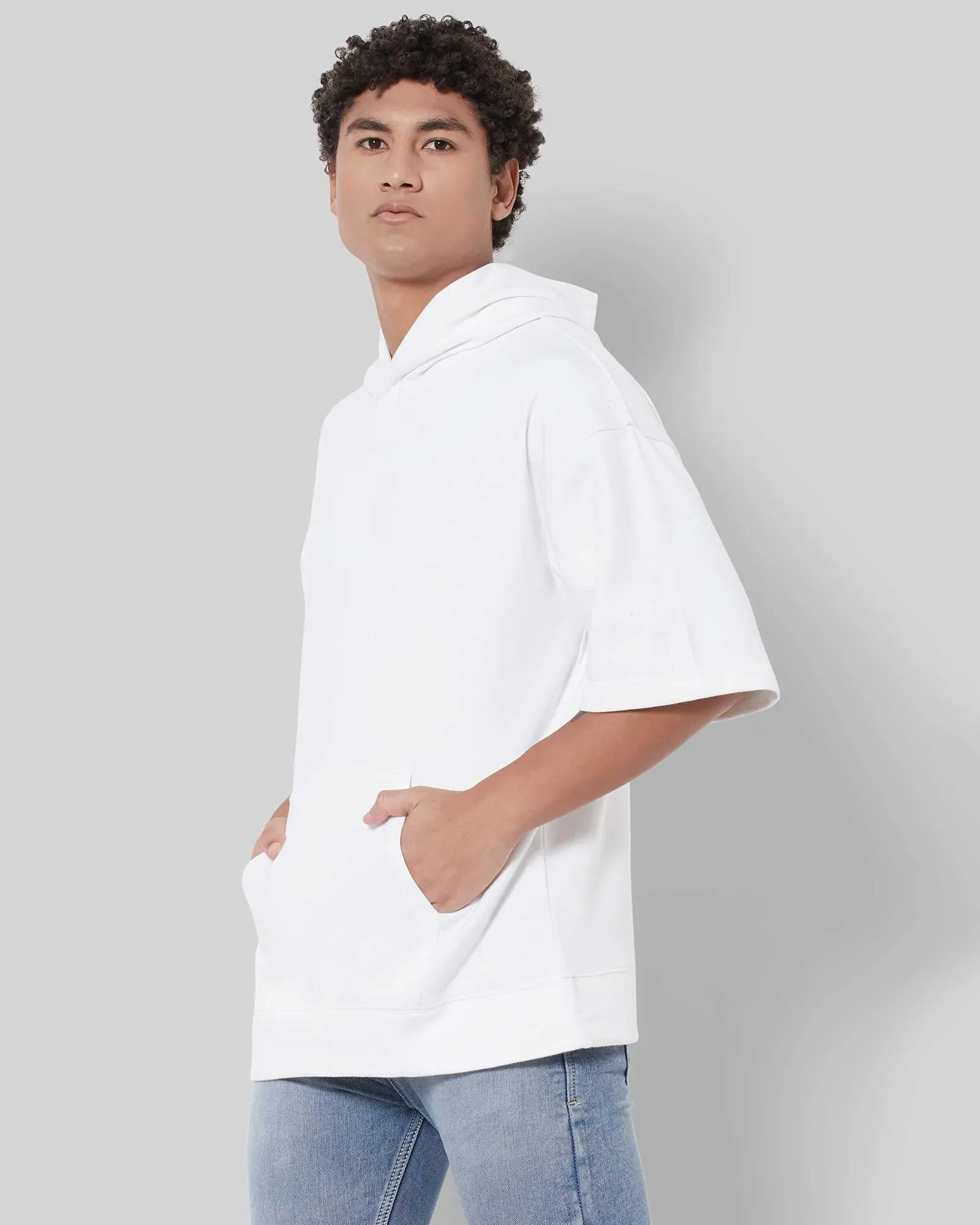 Oversized Solid White Hoodie with Cropped Sleeves