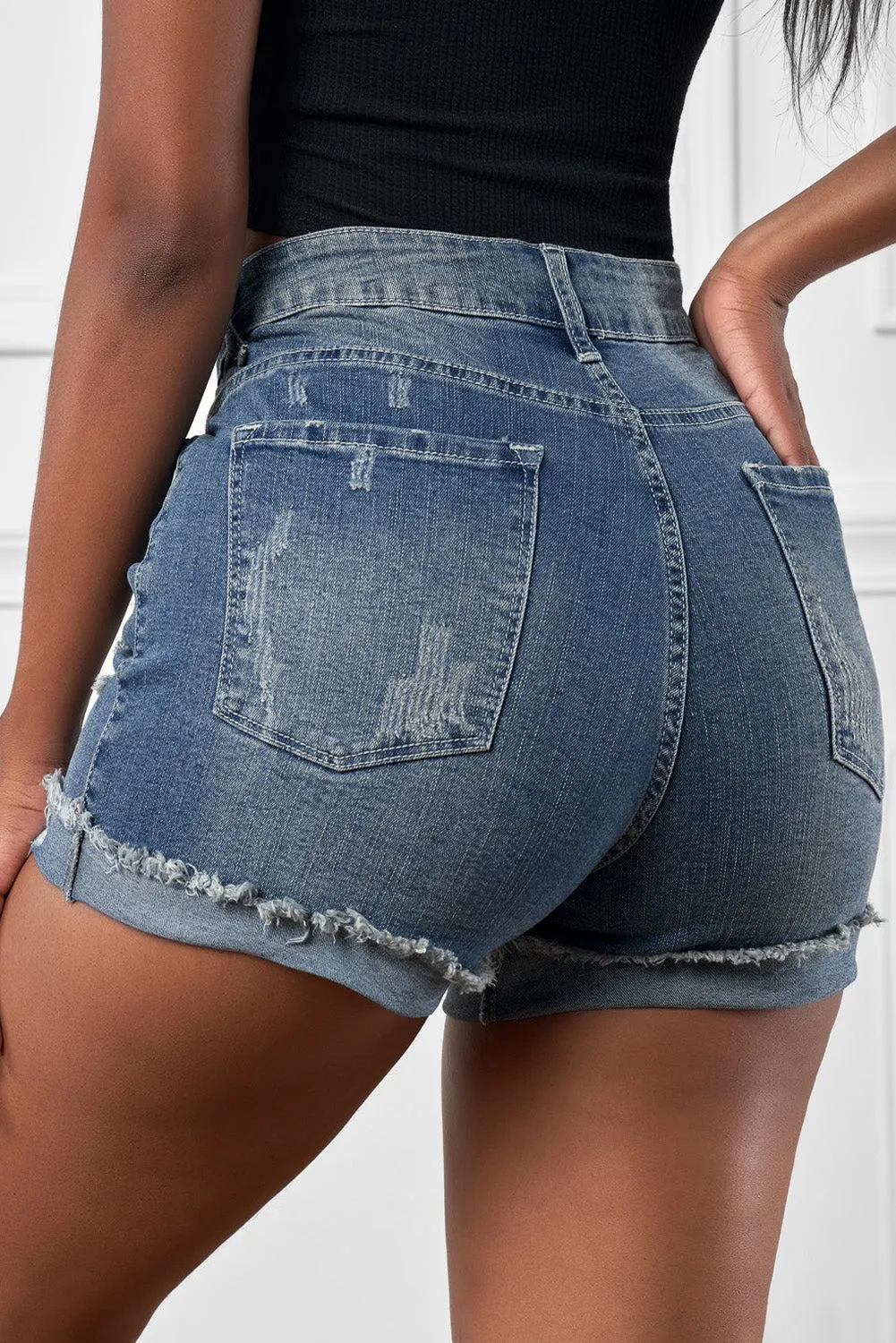 Distressed Denim Short for Women Ripped Rolled Hem Blue Denim Jean Shorts