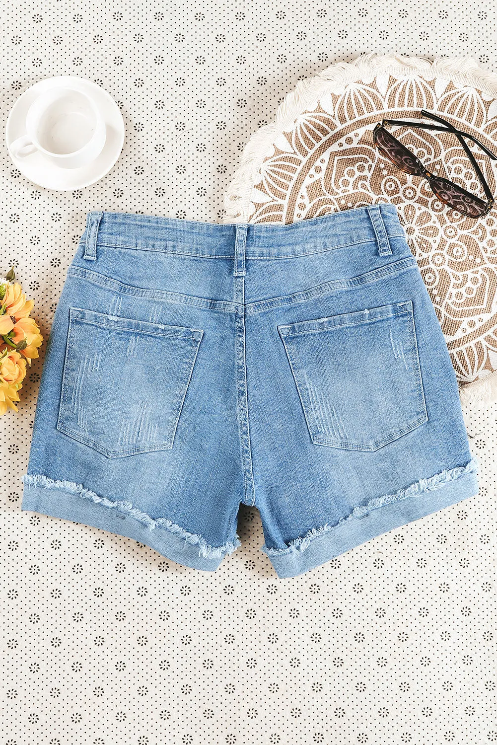 Distressed Denim Short for Women Ripped Rolled Hem Blue Denim Jean Shorts