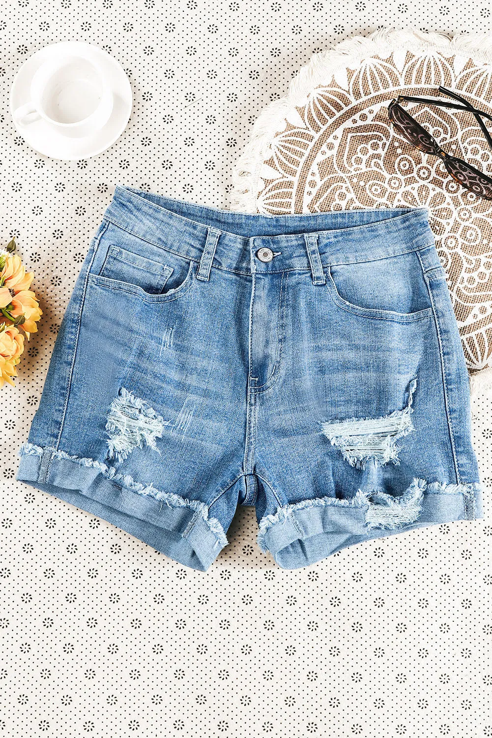 Distressed Denim Short for Women Ripped Rolled Hem Blue Denim Jean Shorts