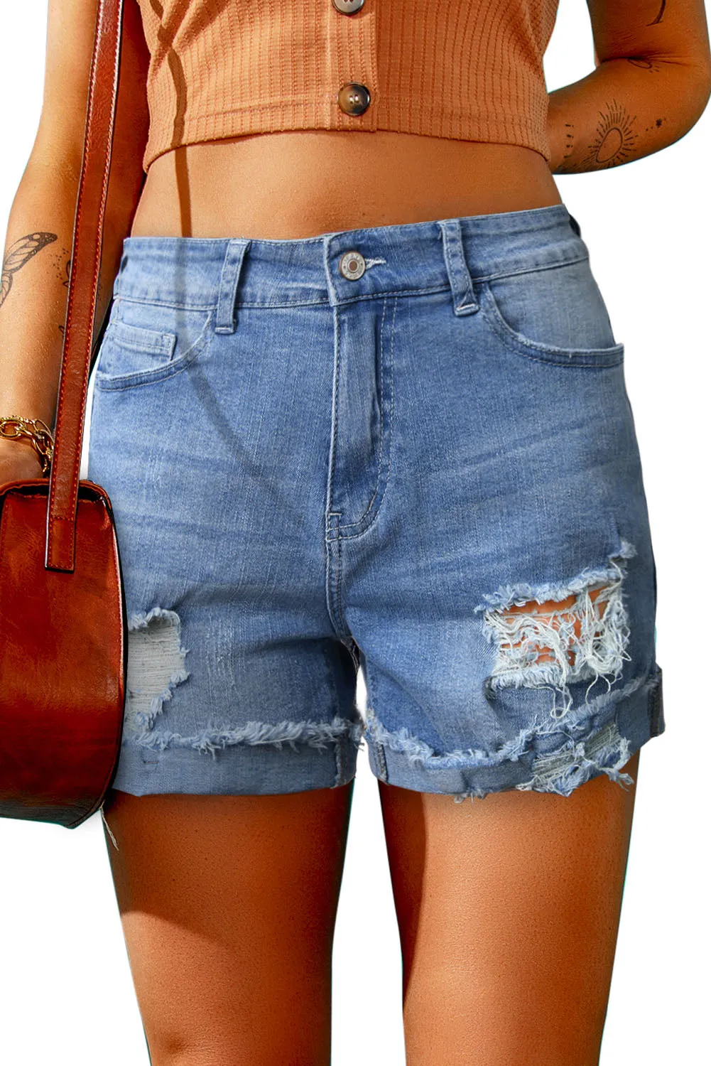 Distressed Denim Short for Women Ripped Rolled Hem Blue Denim Jean Shorts