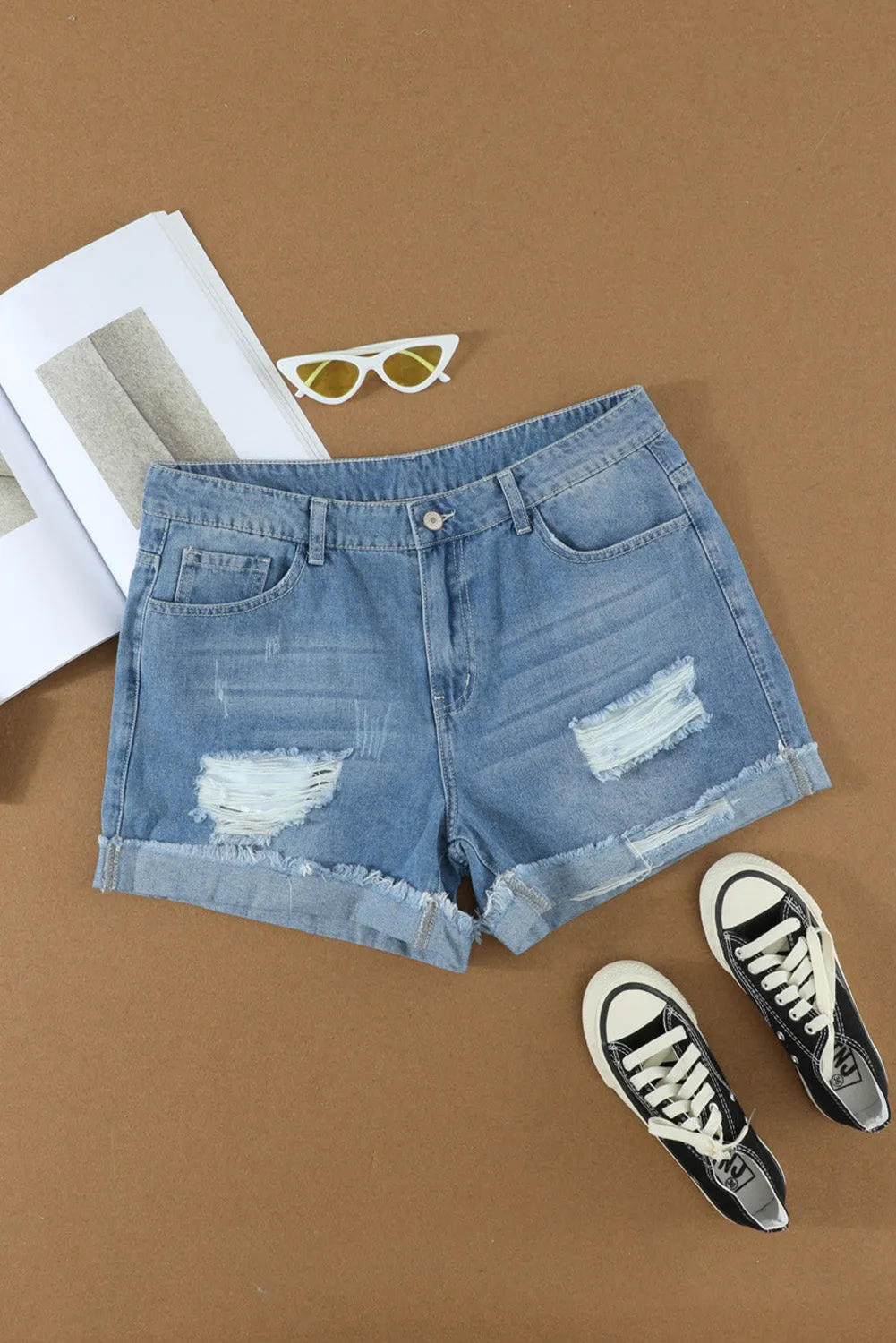 Distressed Denim Short for Women Ripped Rolled Hem Blue Denim Jean Shorts