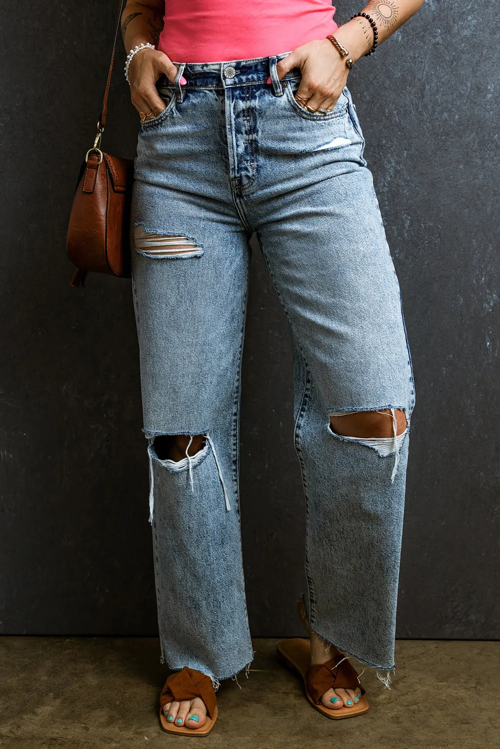 Distressed Raw Hem Straight Jeans