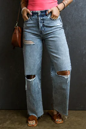 Distressed Raw Hem Straight Jeans