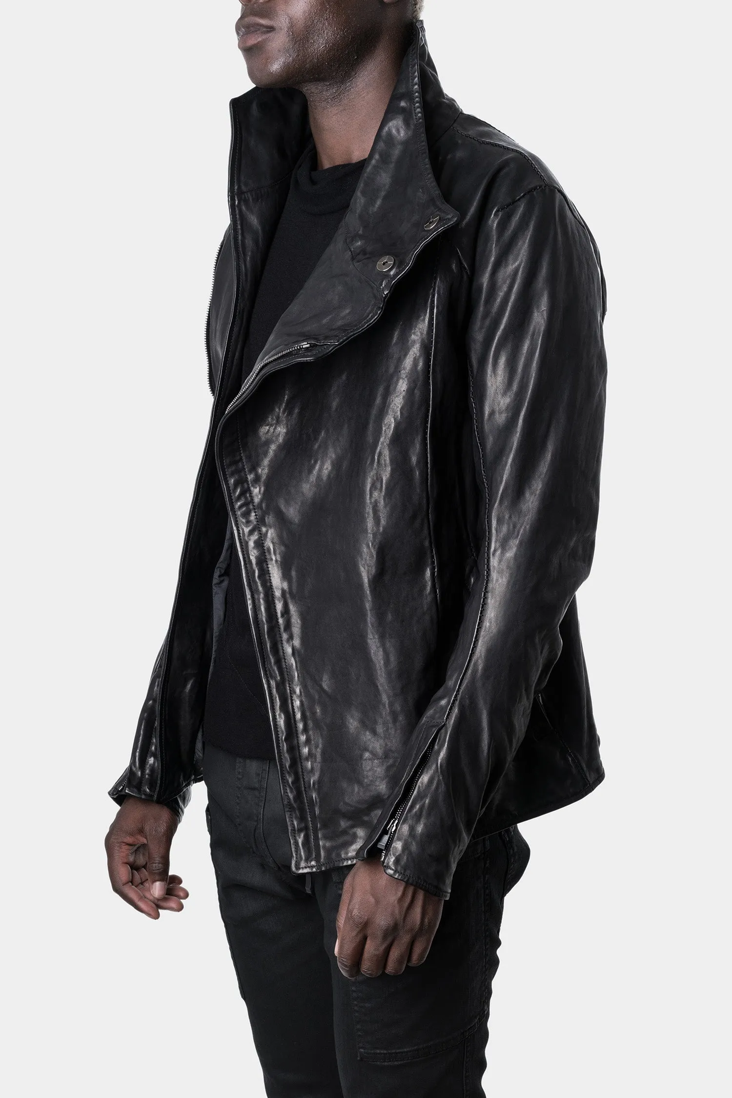 Double breasted moto high neck leather jacket