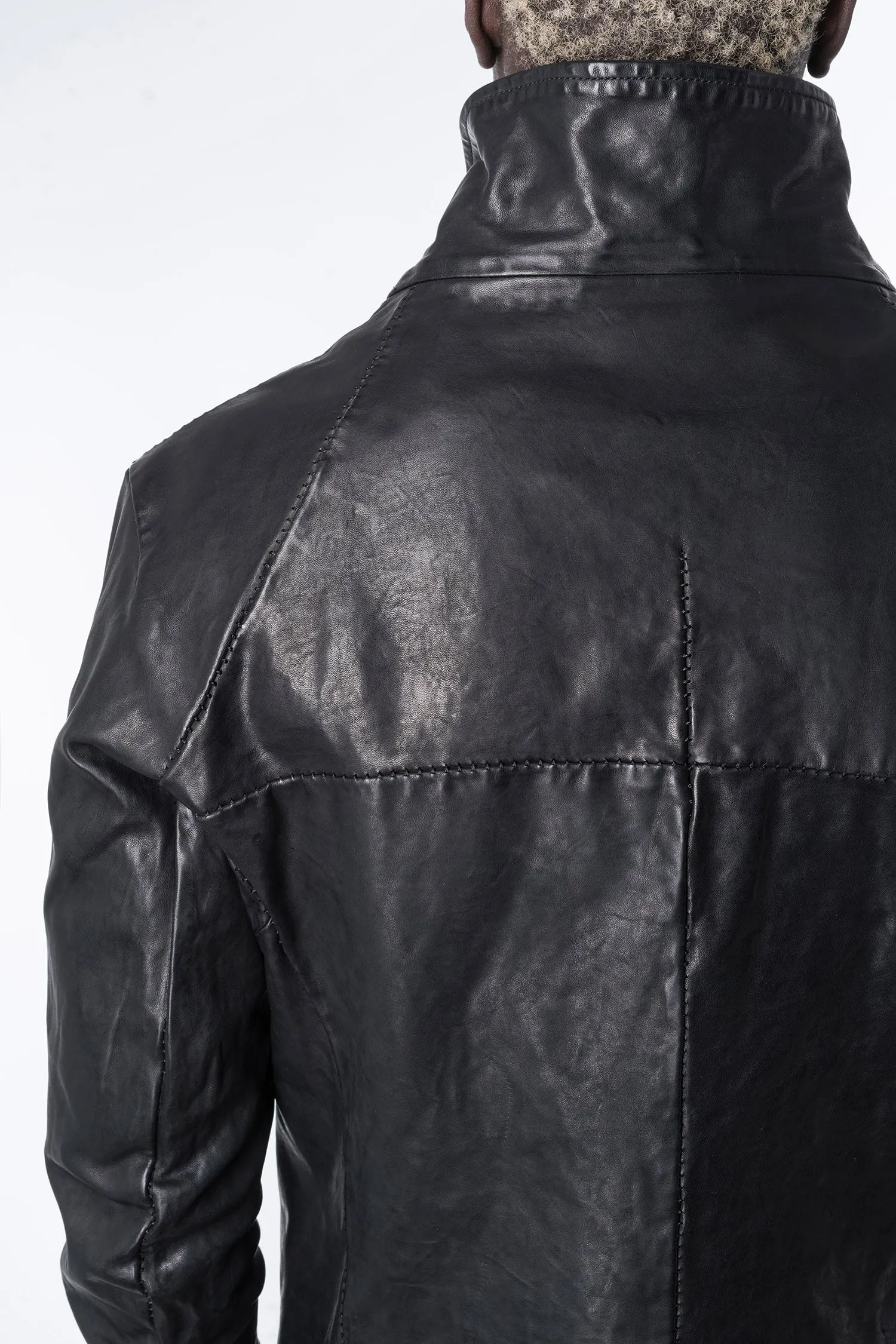 Double breasted moto high neck leather jacket