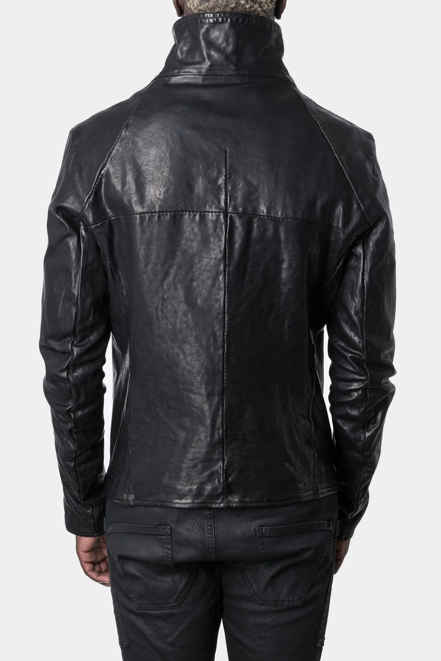 Double breasted moto high neck leather jacket