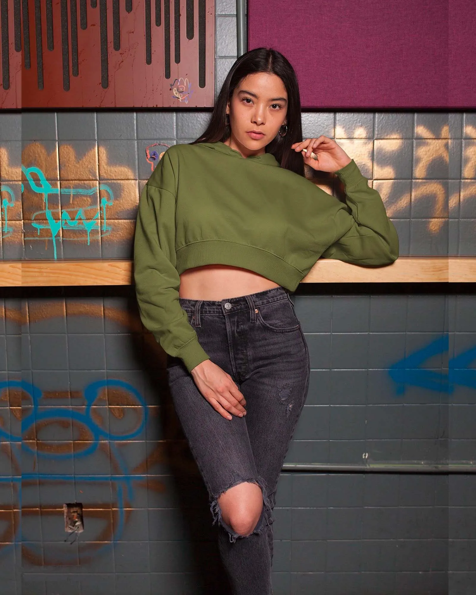 Drop Shoulder Crop Hoodie: Olive Green