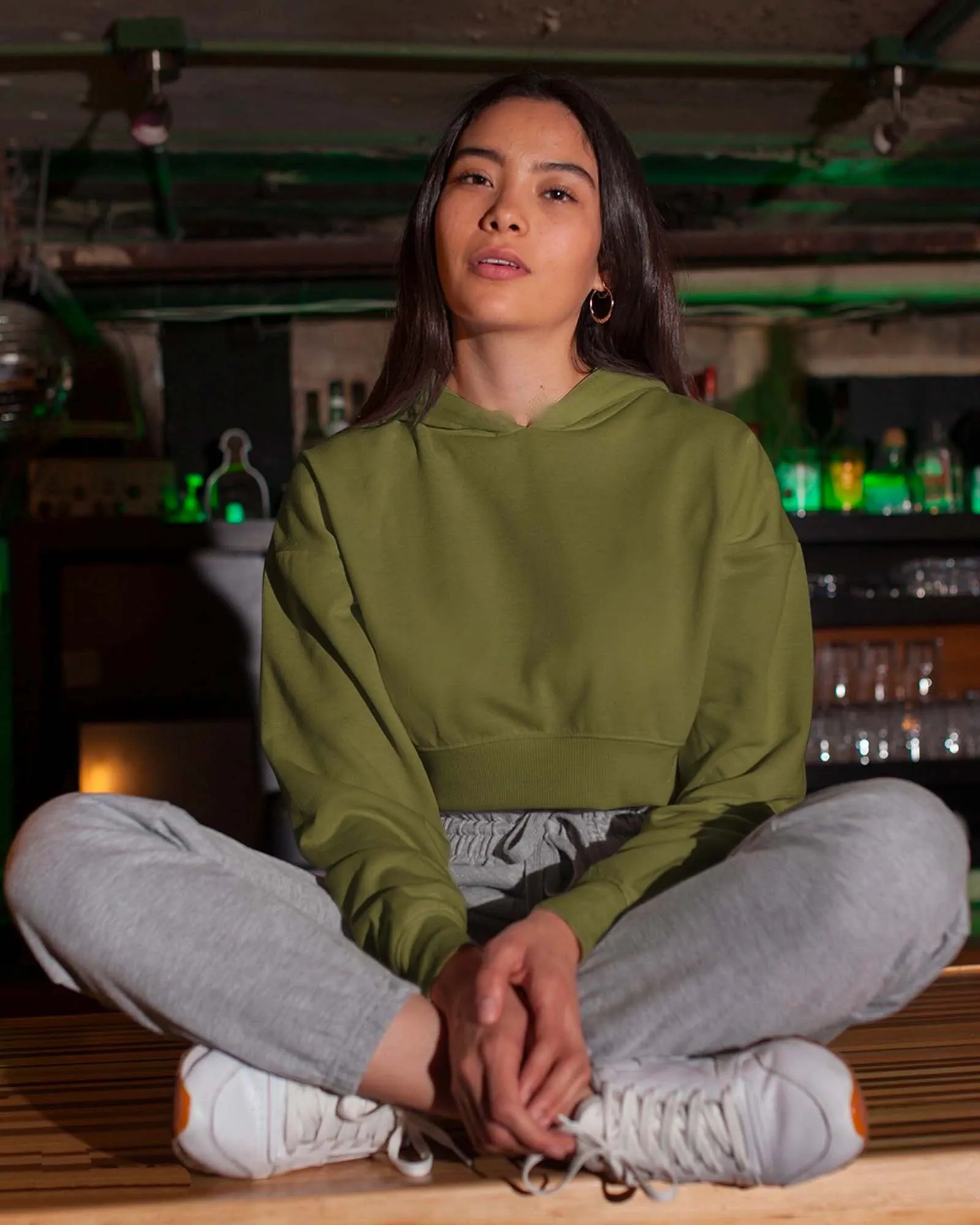 Drop Shoulder Crop Hoodie: Olive Green