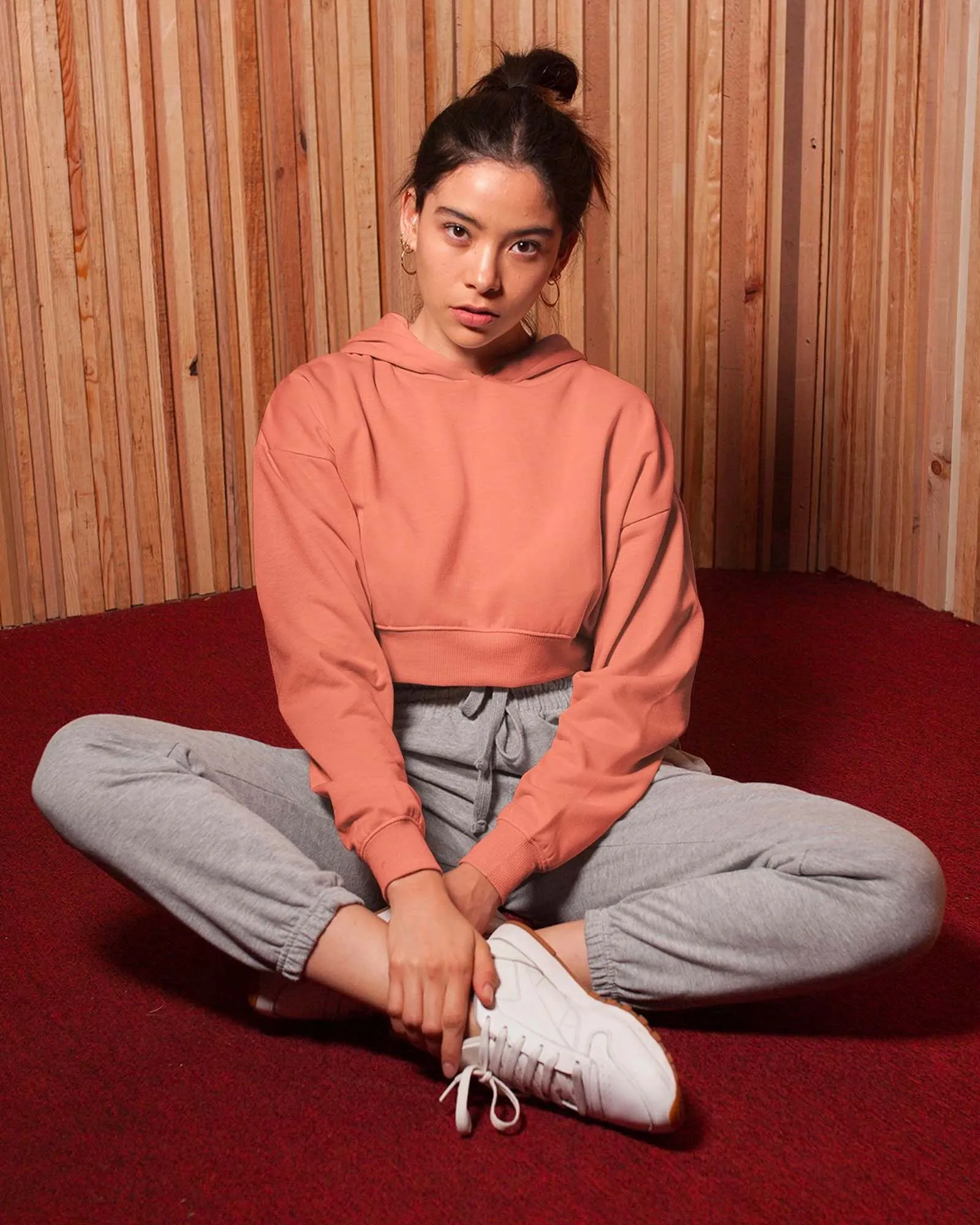 Drop Shoulder Crop Hoodie: Peach