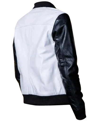 Enya’s Black and White Collarless Leather Jacket