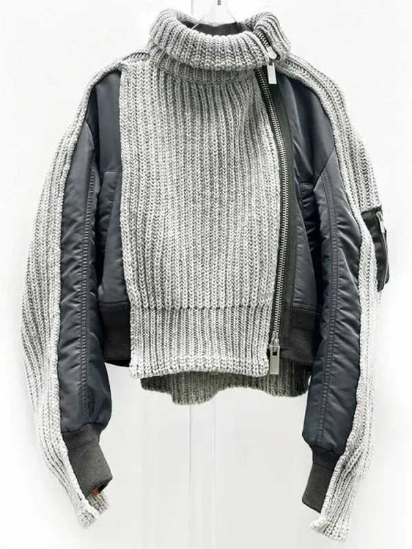 Fashionable women's ribbed knit zip-up jacket for winter