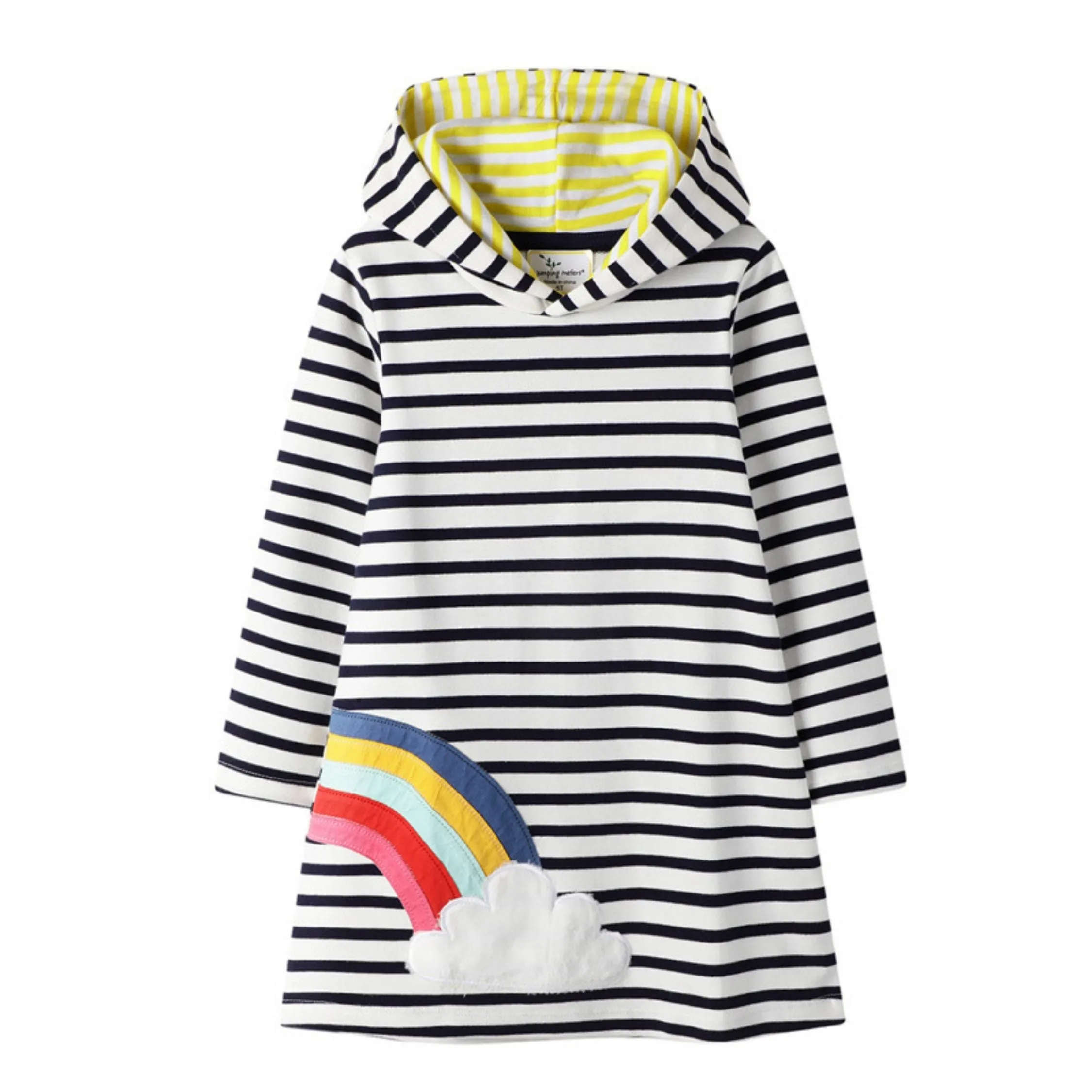 Full Sleeve Beautiful Rainbow Design Striped Hoodie Girls Dress, Grey