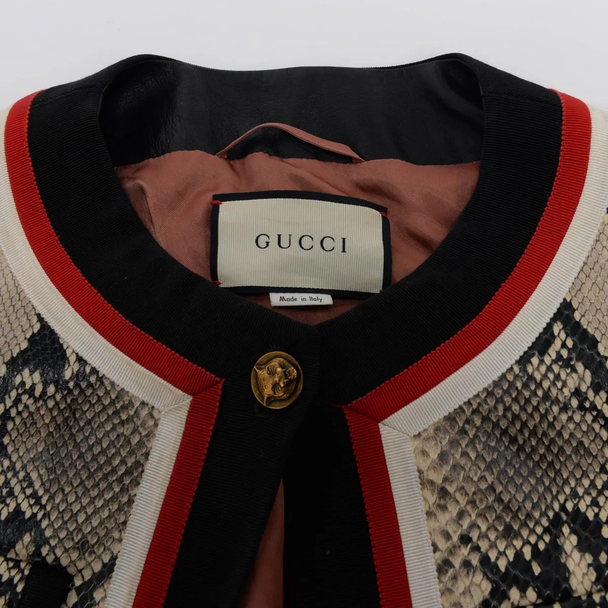 Gucci Beige Snake Effect Leather Jacket with Web Trim - Size IT 36