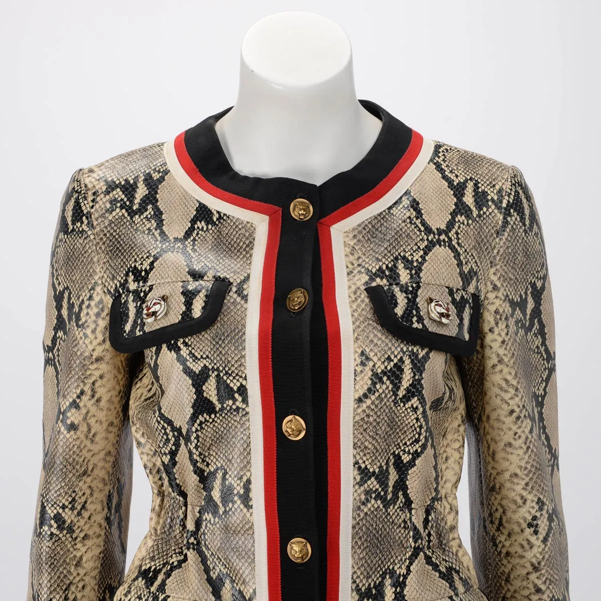 Gucci Beige Snake Effect Leather Jacket with Web Trim - Size IT 36