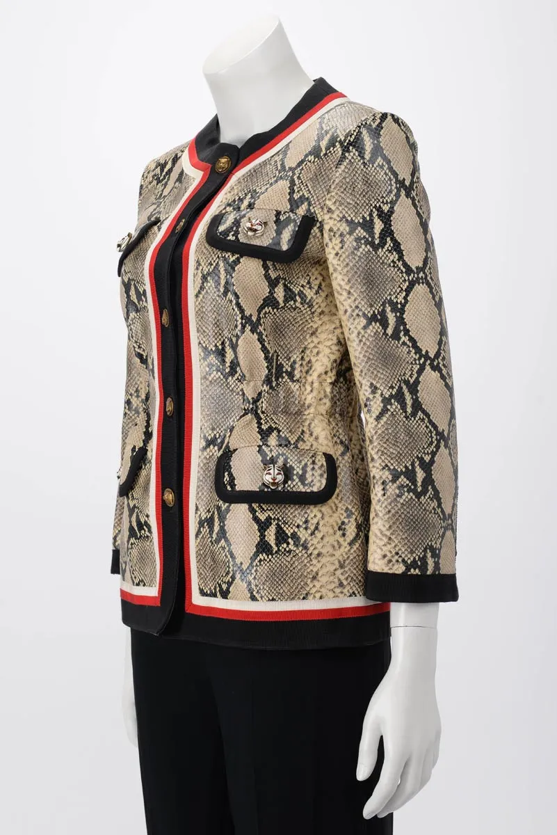 Gucci Beige Snake Effect Leather Jacket with Web Trim - Size IT 36