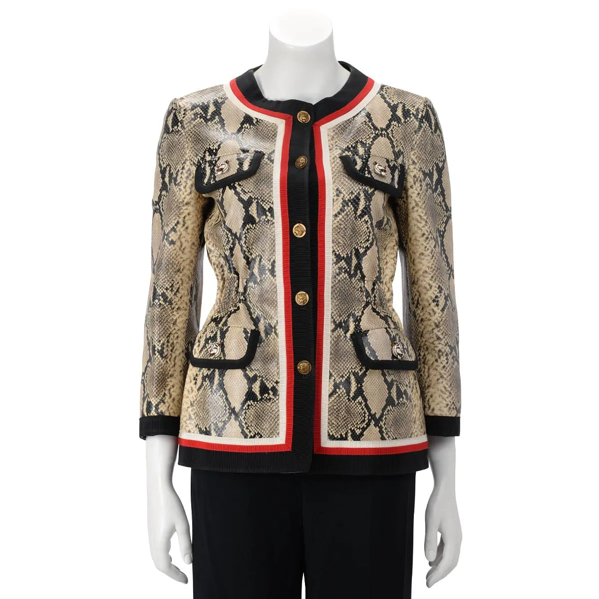 Gucci Beige Snake Effect Leather Jacket with Web Trim - Size IT 36