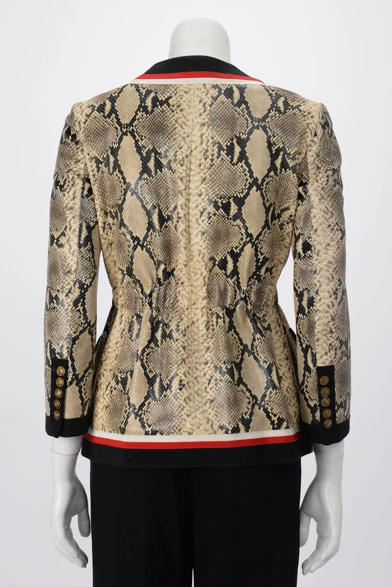 Gucci Beige Snake Effect Leather Jacket with Web Trim - Size IT 36