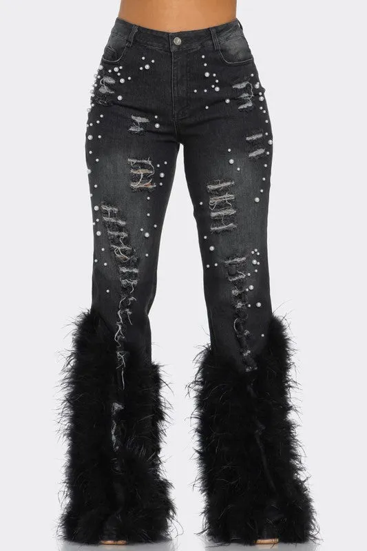 High Fashion- Distressed Pearl Embellished Feather Detail Jeans