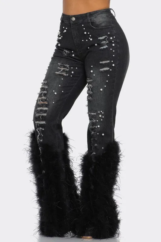 High Fashion- Distressed Pearl Embellished Feather Detail Jeans