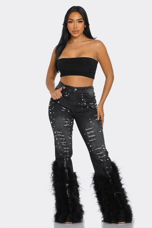 High Fashion- Distressed Pearl Embellished Feather Detail Jeans