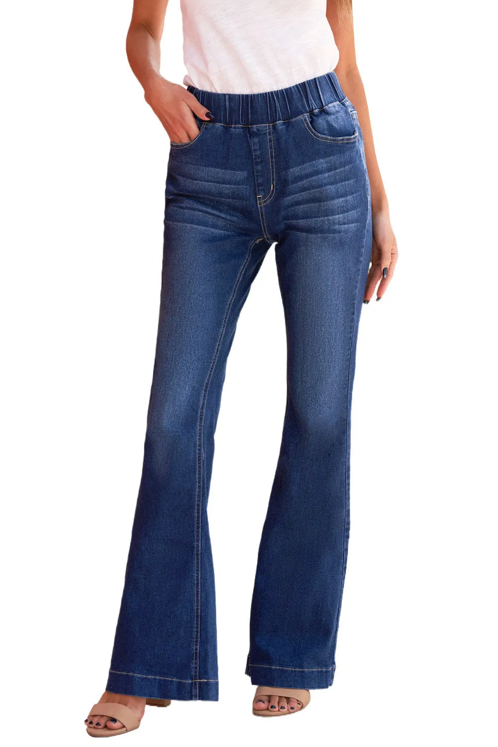 High Waisted Elastic Waist Flare Jeans Bell Bottom for Women