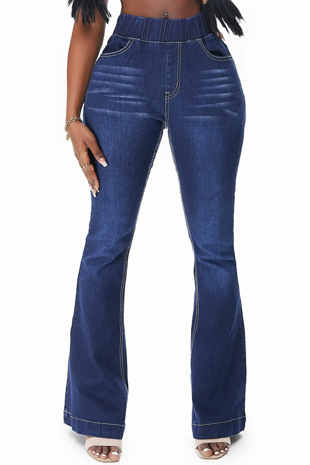 High Waisted Elastic Waist Flare Jeans Bell Bottom for Women