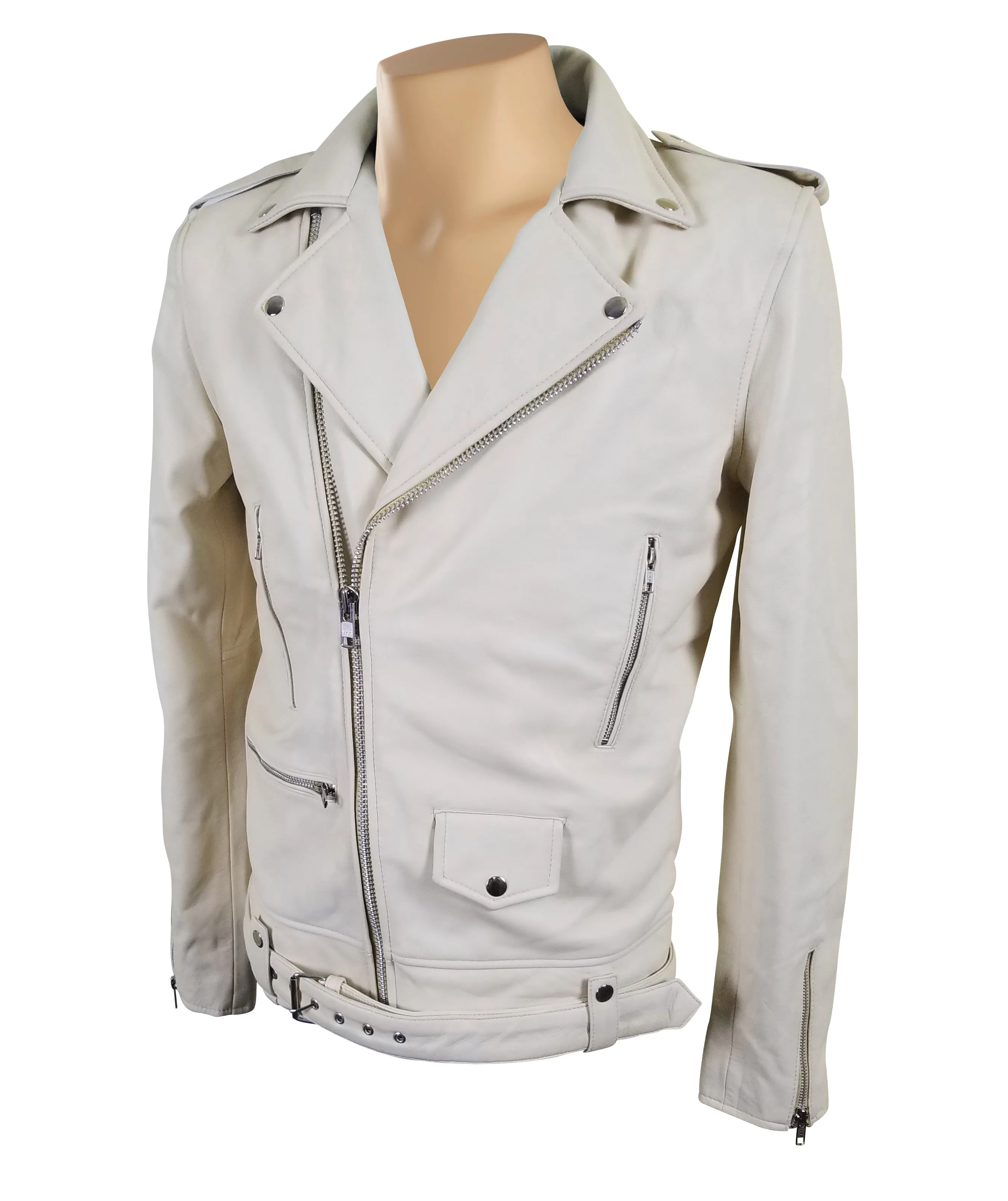 Holman's Cream Biker leather jacket with waist belt