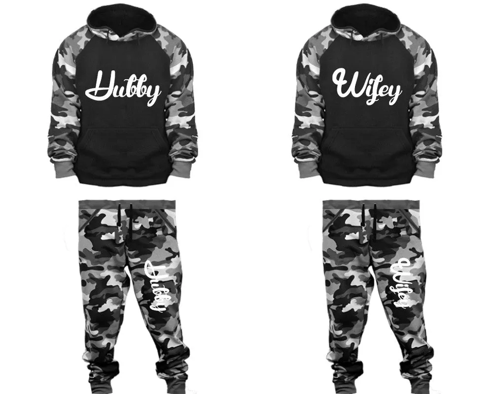 Hubby Wifey Couple Matching Camo Hoodies and Jogger Pants Top & Bottom Sets