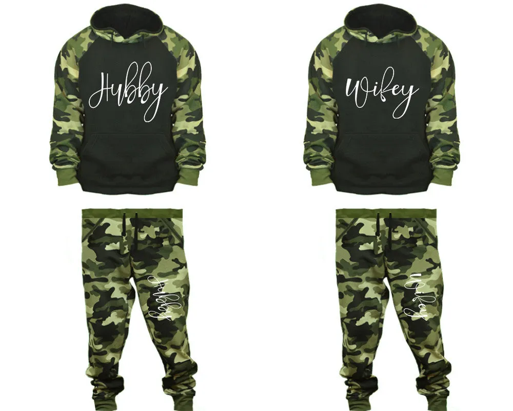 Hubby Wifey Couple Matching Camo Hoodies and Jogger Pants Top & Bottom Sets