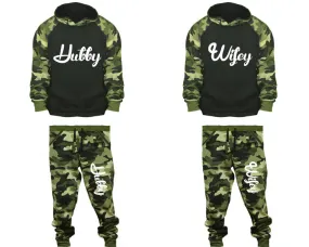 Hubby Wifey Couple Matching Camo Hoodies and Jogger Pants Top & Bottom Sets