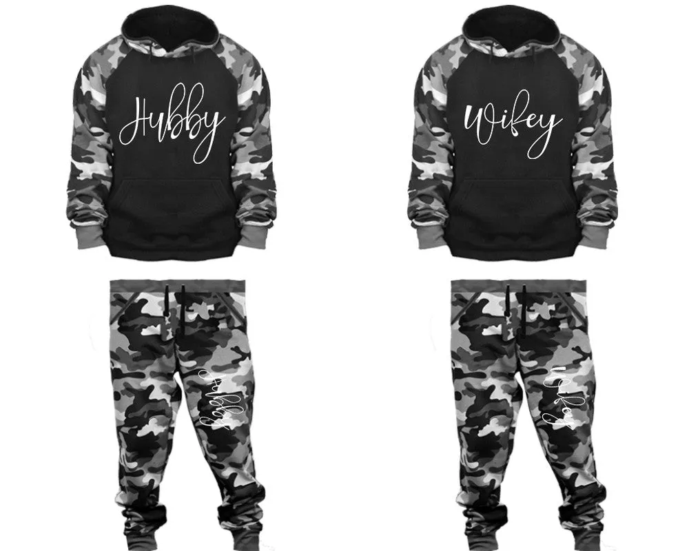 Hubby Wifey Couple Matching Camo Hoodies and Jogger Pants Top & Bottom Sets