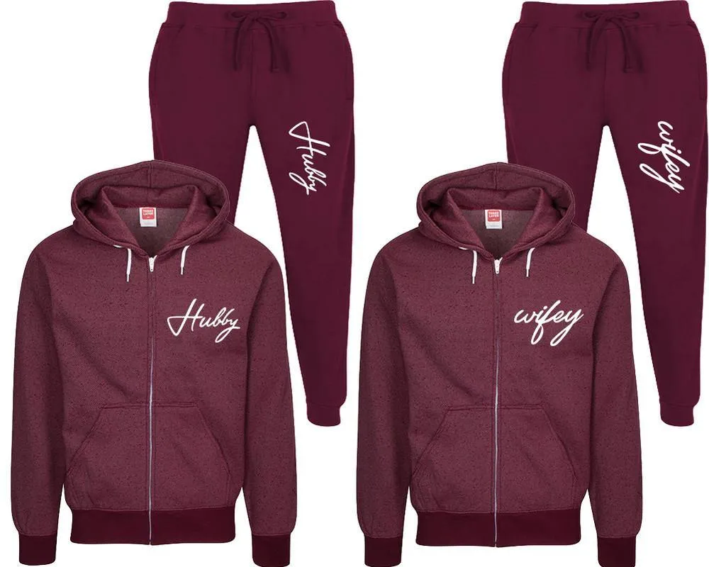 Hubby Wifey Couple Speckle Zipper Hoodies and Jogger Pants Matching Top&Bottom Sets