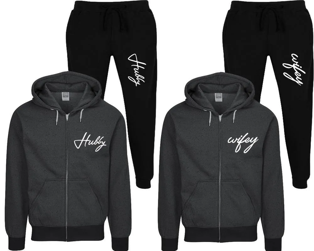 Hubby Wifey Couple Speckle Zipper Hoodies and Jogger Pants Matching Top&Bottom Sets