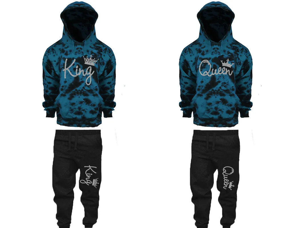 King Queen Couple Matching Teal Cloud Tie Dye Hoodies and Black Jogger Pants Set