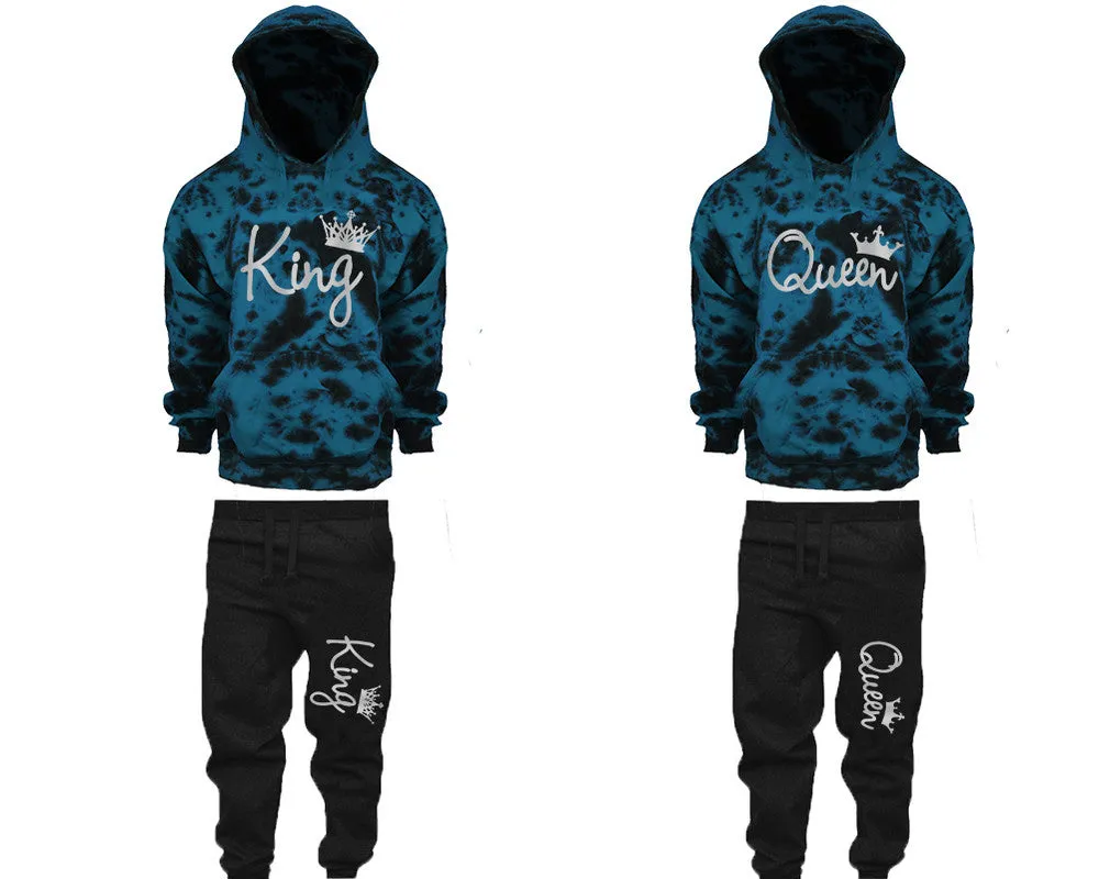 King Queen Couple Matching Teal Cloud Tie Dye Hoodies and Black Jogger Pants Set