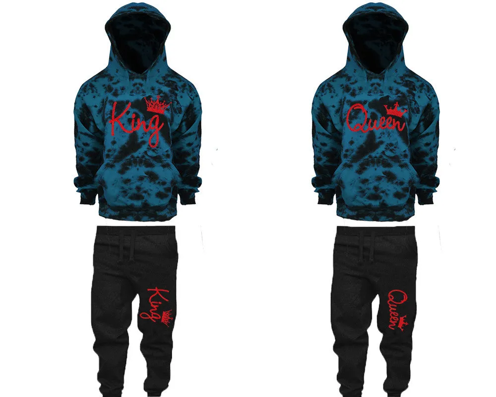 King Queen Couple Matching Teal Cloud Tie Dye Hoodies and Black Jogger Pants Set