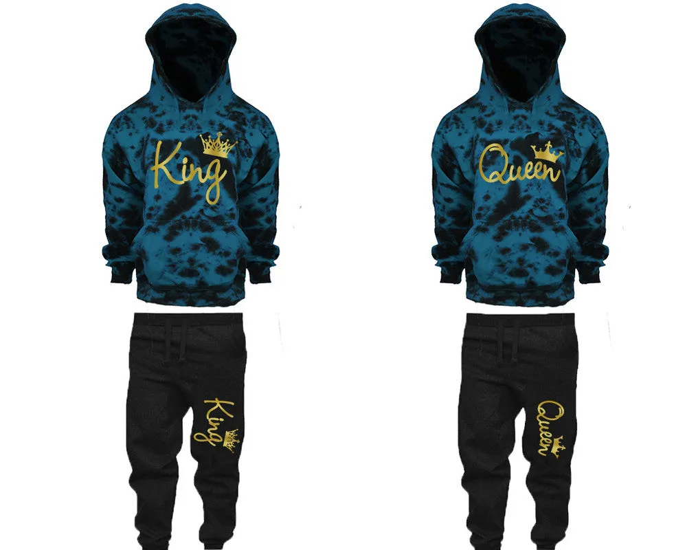 King Queen Couple Matching Teal Cloud Tie Dye Hoodies and Black Jogger Pants Set