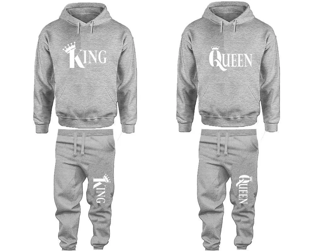 King Queen Couple Pullover Hoodie and Jogger Pants, Matching Top Bottom Sets