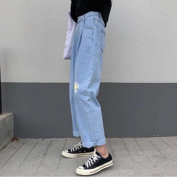 KittenAlarm - Korean Loose Daisy Jeans Women Fashion New High Waist Straight Denim Pants Maxi Wide-leg Cropped Trousers Female S-5XL