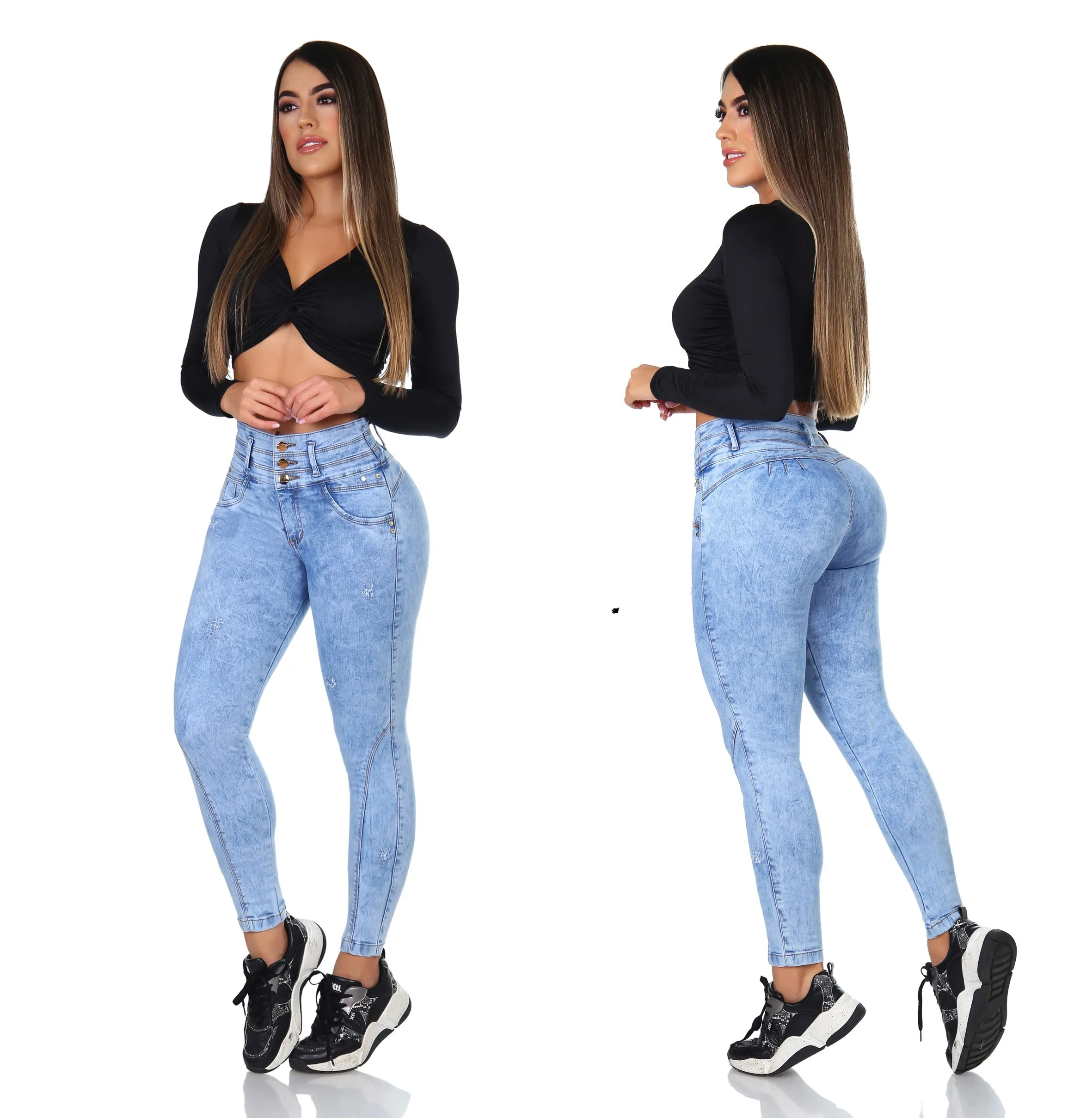 Enhanced Push-Up 3-Button Light Blue Washed Denim Jeans 7555