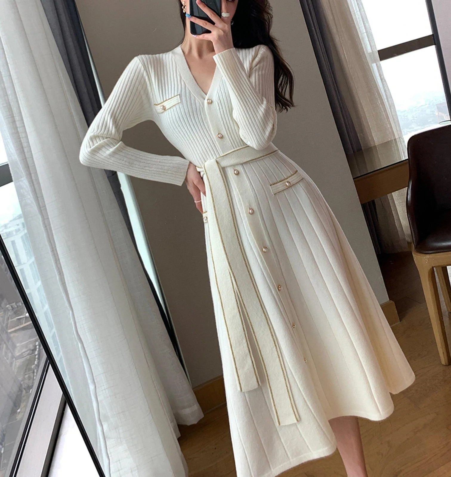 Long Sleeve Button Belted Midi Knit Sweater Dress