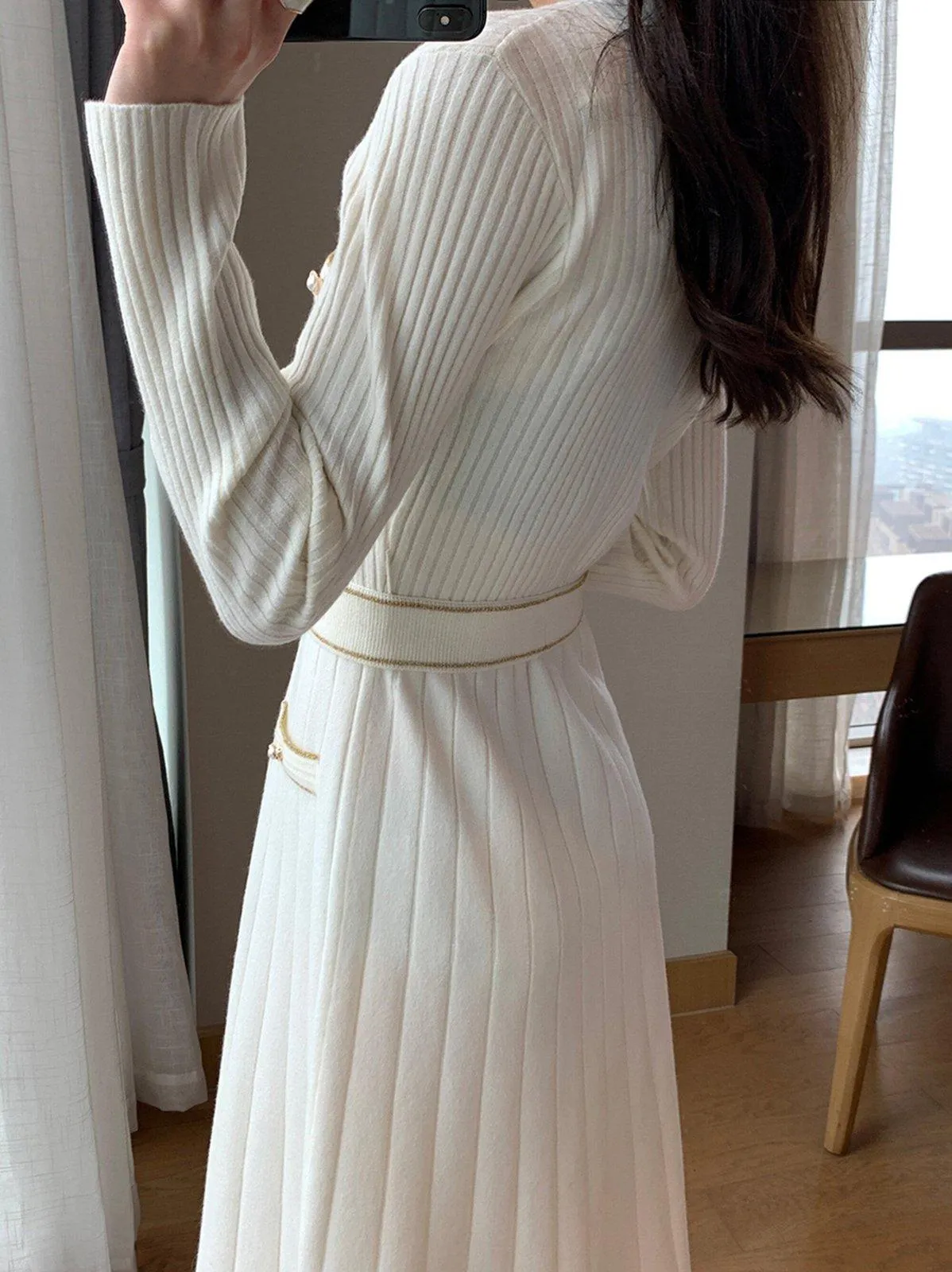 Long Sleeve Button Belted Midi Knit Sweater Dress