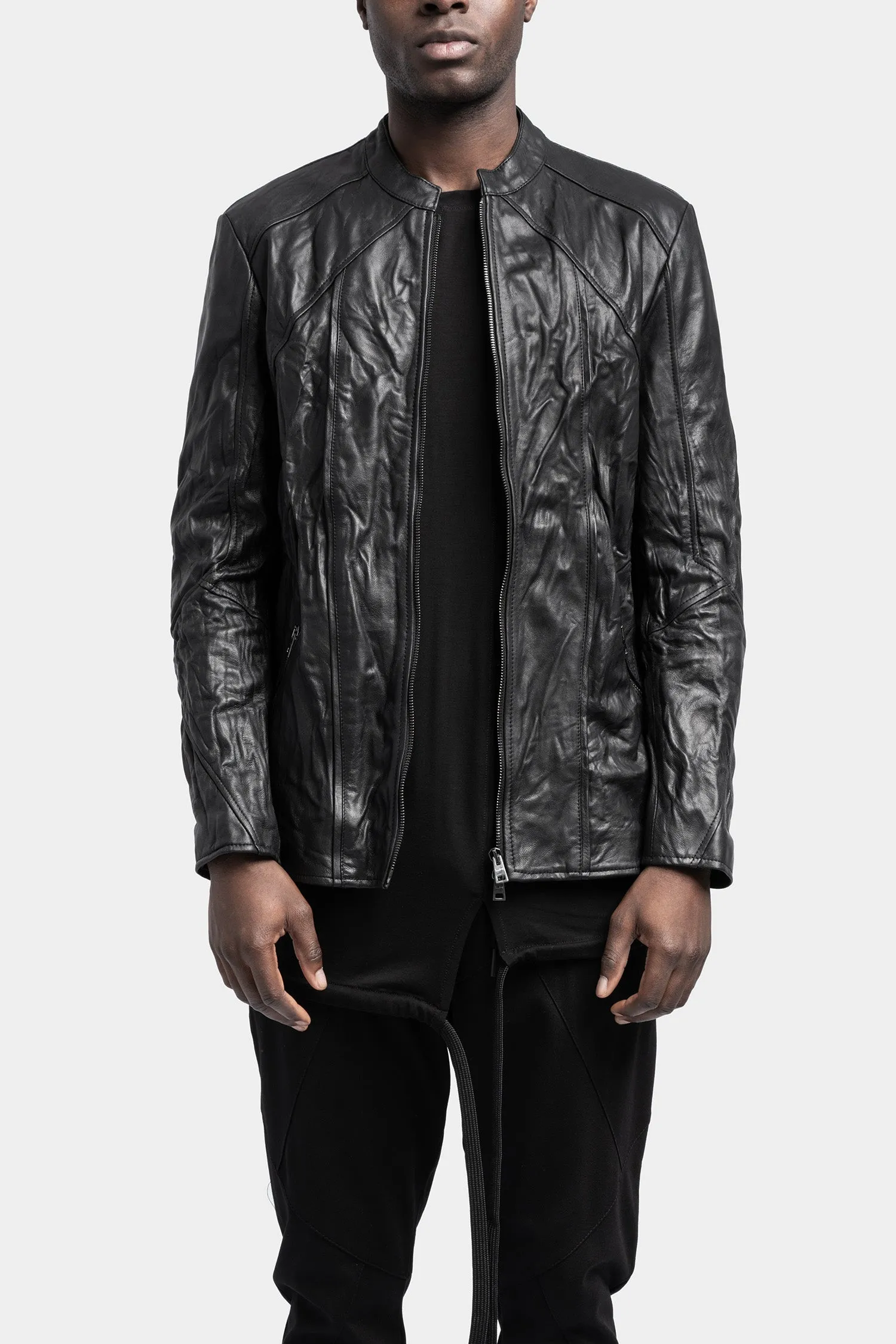 Mandarin collar leather jacket