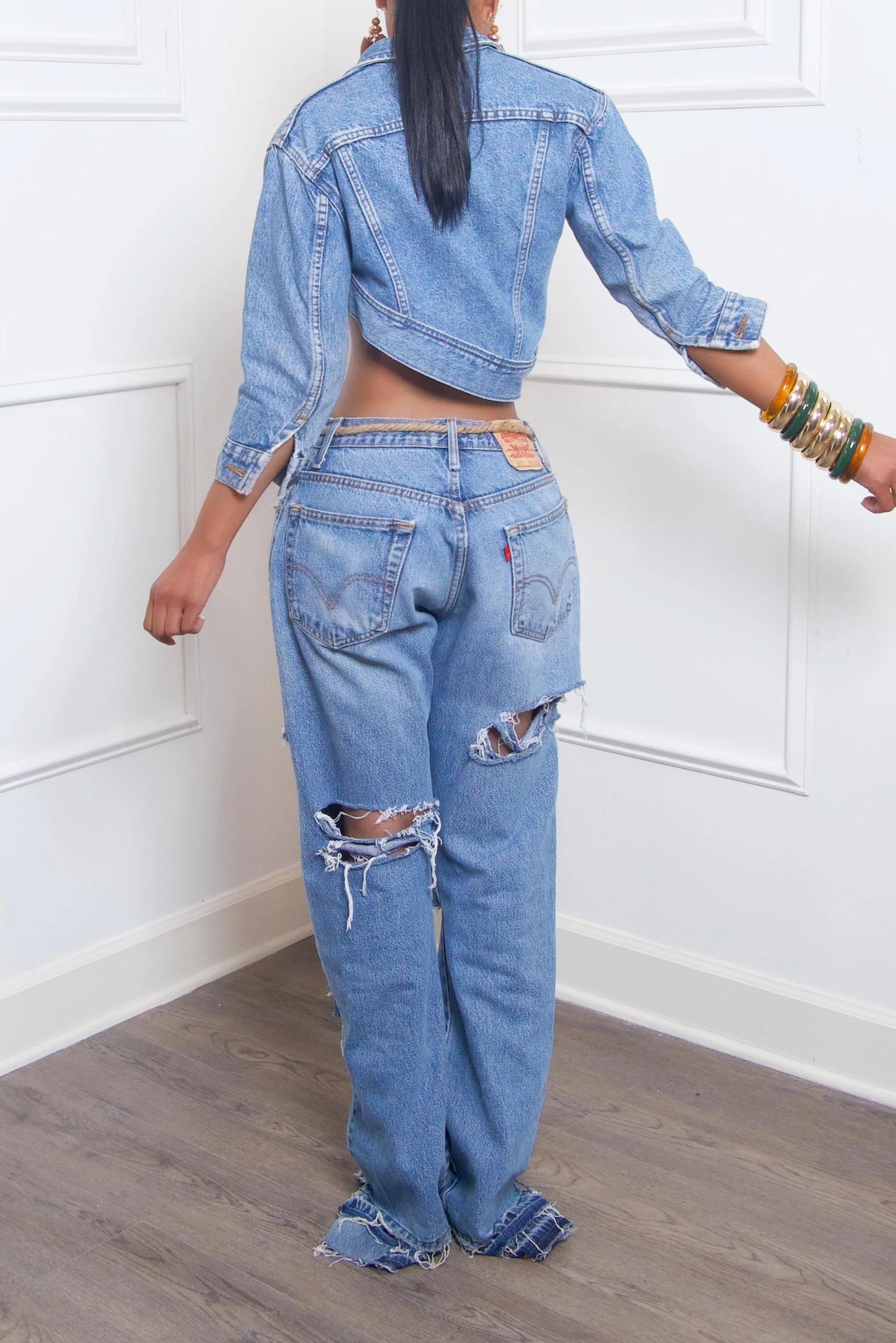 Medium washed slits Ripped Levi jeans (Tall Girl Friendly)-MTO