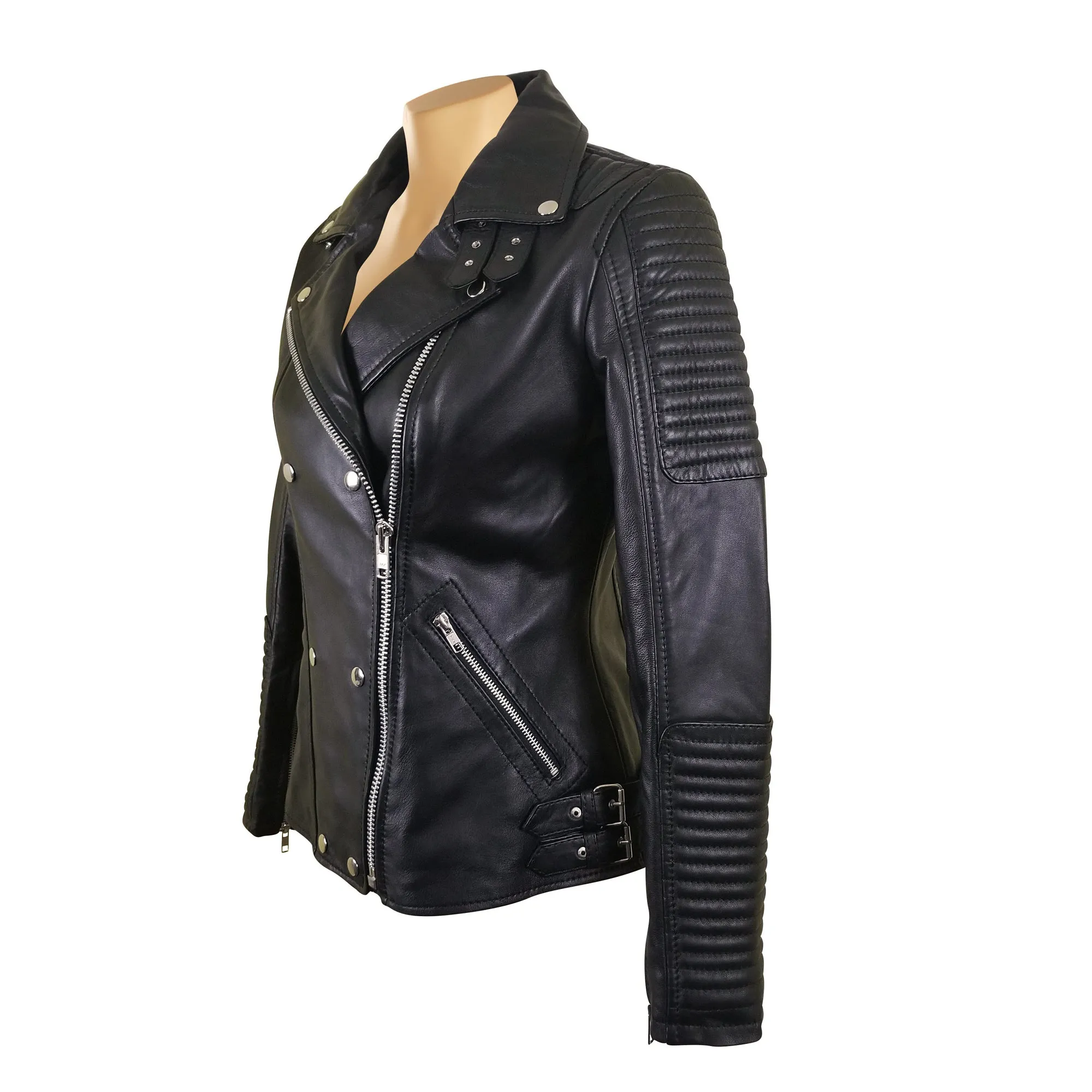 Michaela Biker style leather jacket with snap button closure