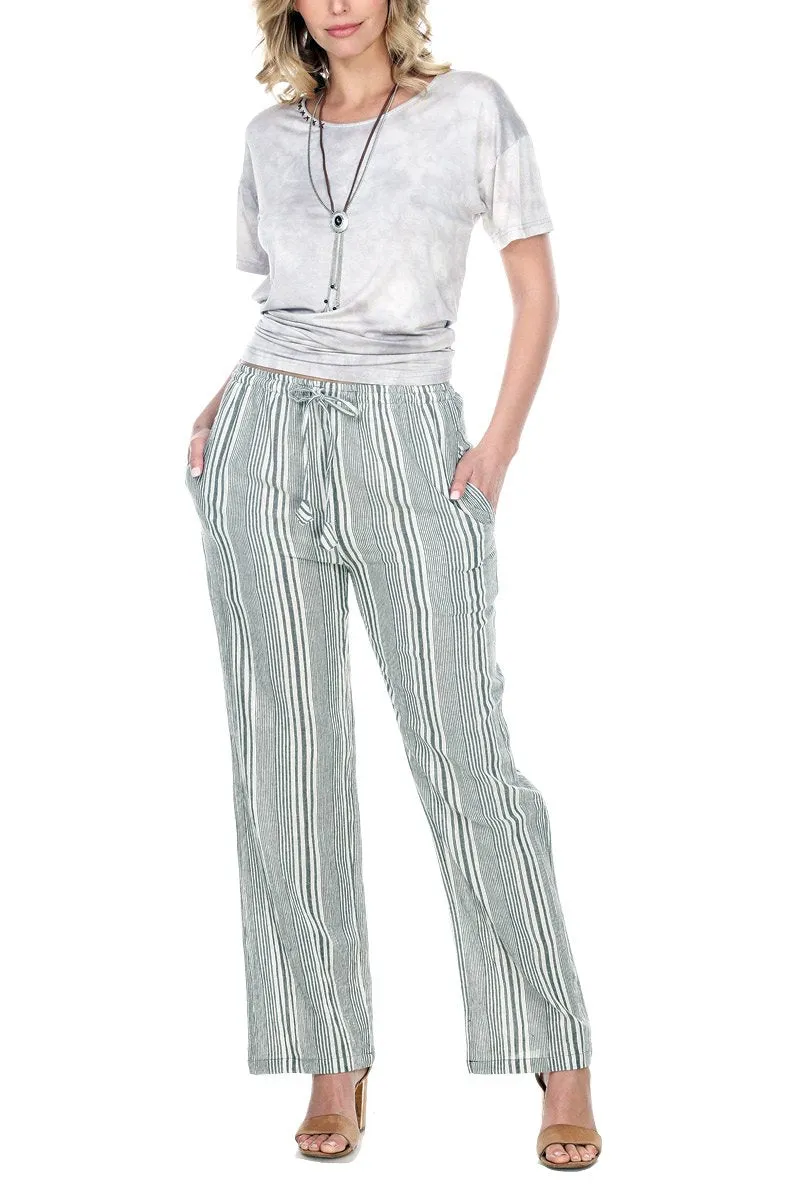 Natural Striped Wide Leg Pants With Drawstring & Pockets