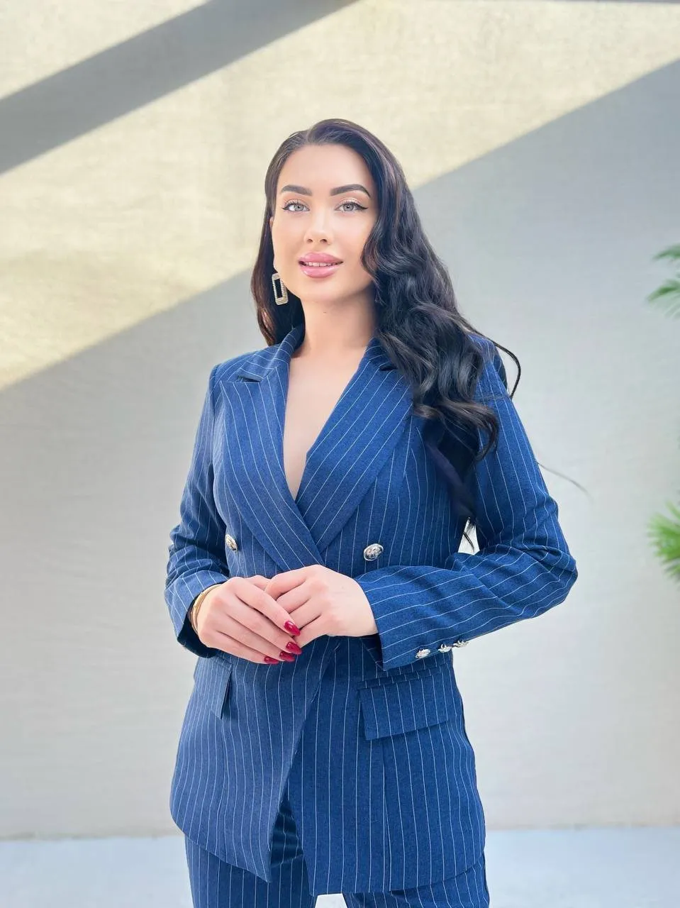 Pinstripe Double Breasted Jacket - Navy Blue